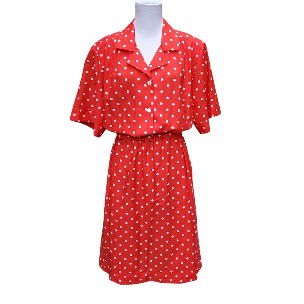 Vintage Serben Shirt Dress Red White Polka Dot Belted Short Slv Sz 18 Fits an XL